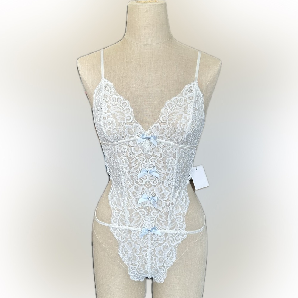 In Bloom White Lace Bodysuit with Blue Bow Accents - Perfect for the Bride